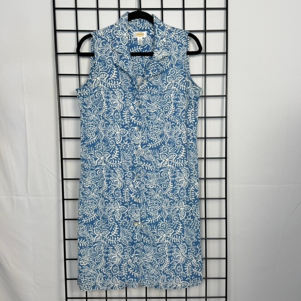 Vintage Talbots Shift Dress Womens 12 Blue Linen Blend Floral Sleeveless Button